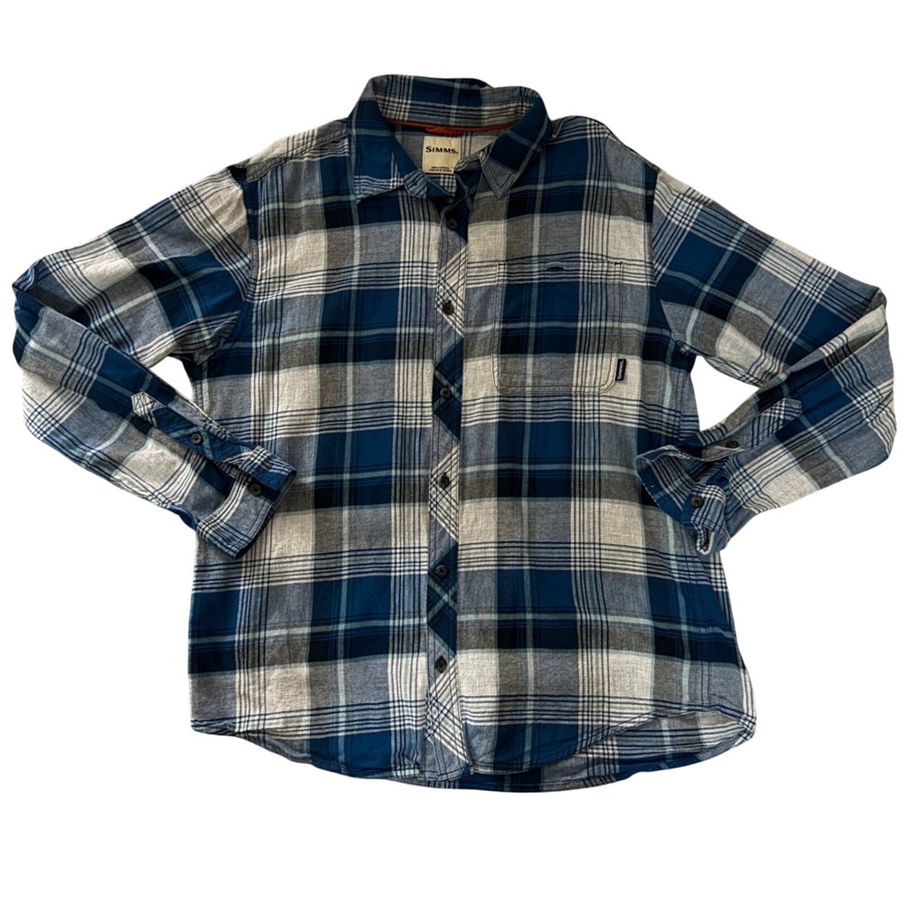 Simms Mens Blue White Plaid Flannel‎ Long Sleeve Button Down Shirt Large FF09